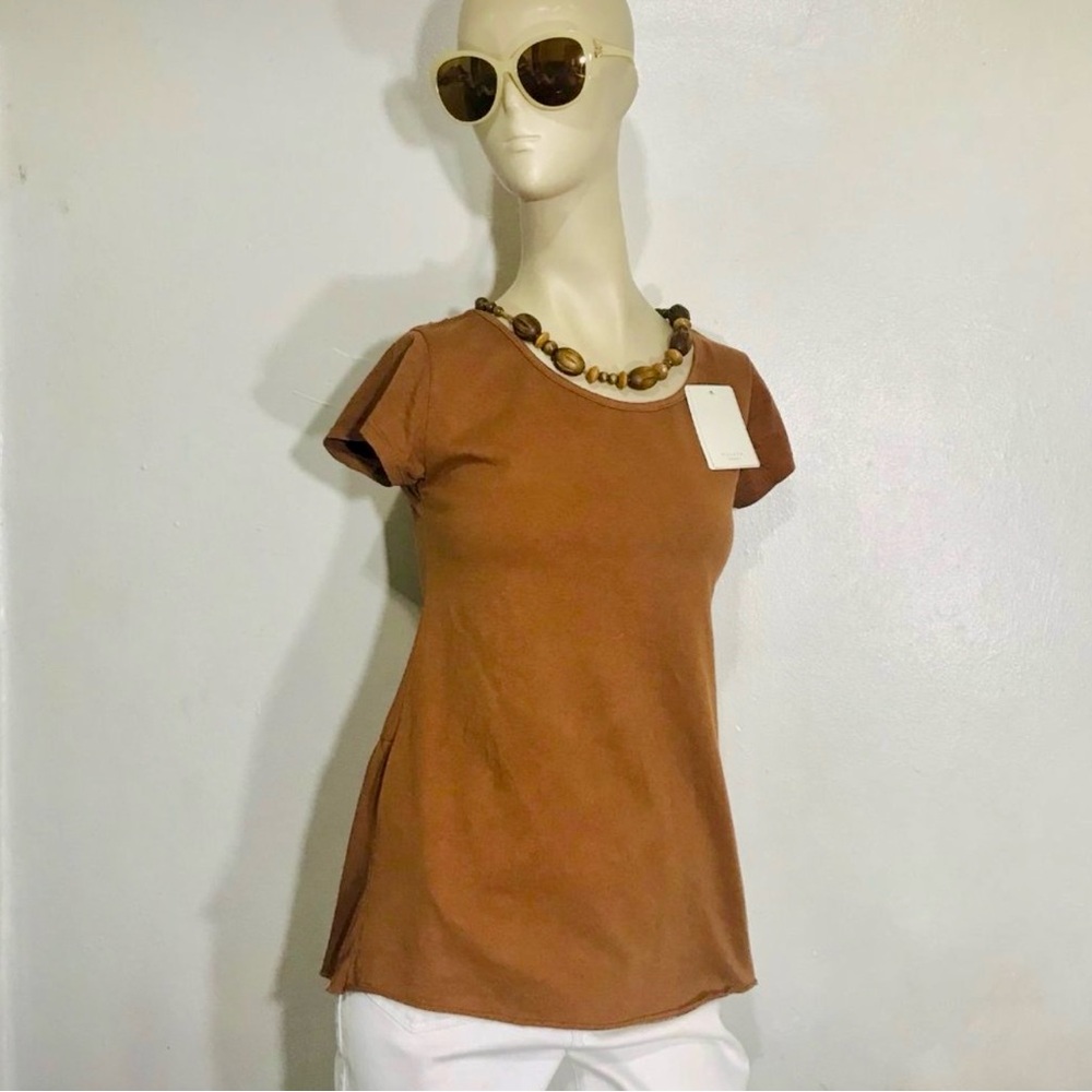 Mulaya Collection Pigment Washed Brown Crochet Open Back T Shirt NWT Size S